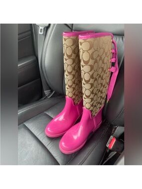 Coach Signature Canvas Knee-High Boots in Hot Pink and Tan